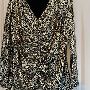 Nine West Gold Metallic Leopard Print Draped Blouse